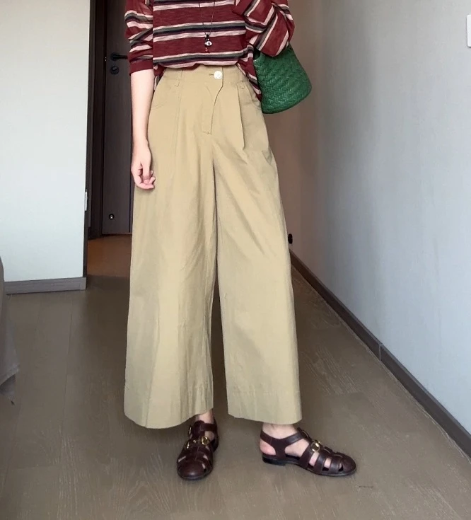卡其色阔腿休闲长裤