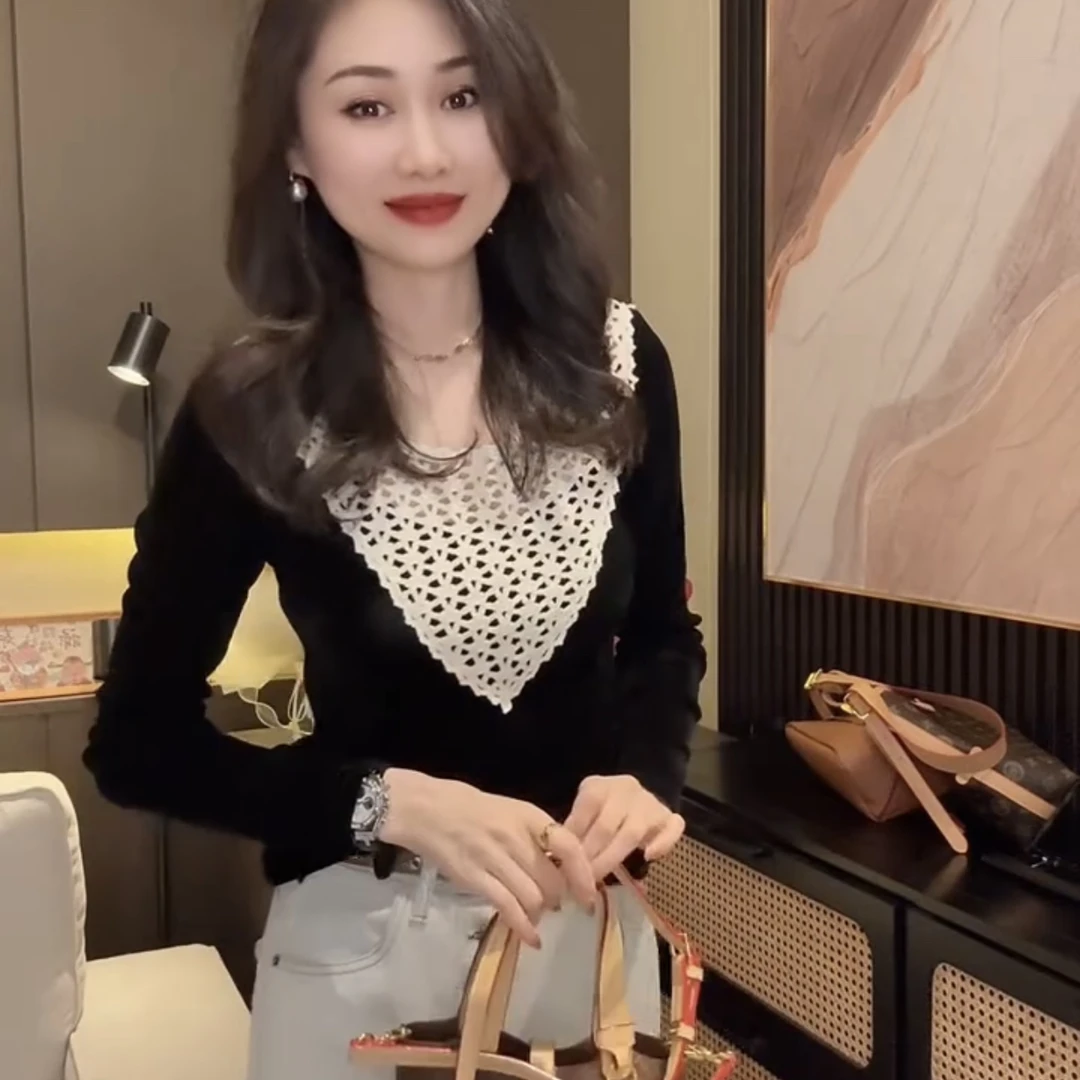 宽松型镂空INS风修身型落肩袖T恤显瘦假两件百搭