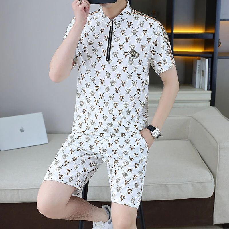 潮牌欧货夏季新款男士半拉链短袖套装时尚休闲帅气印花短裤两件套