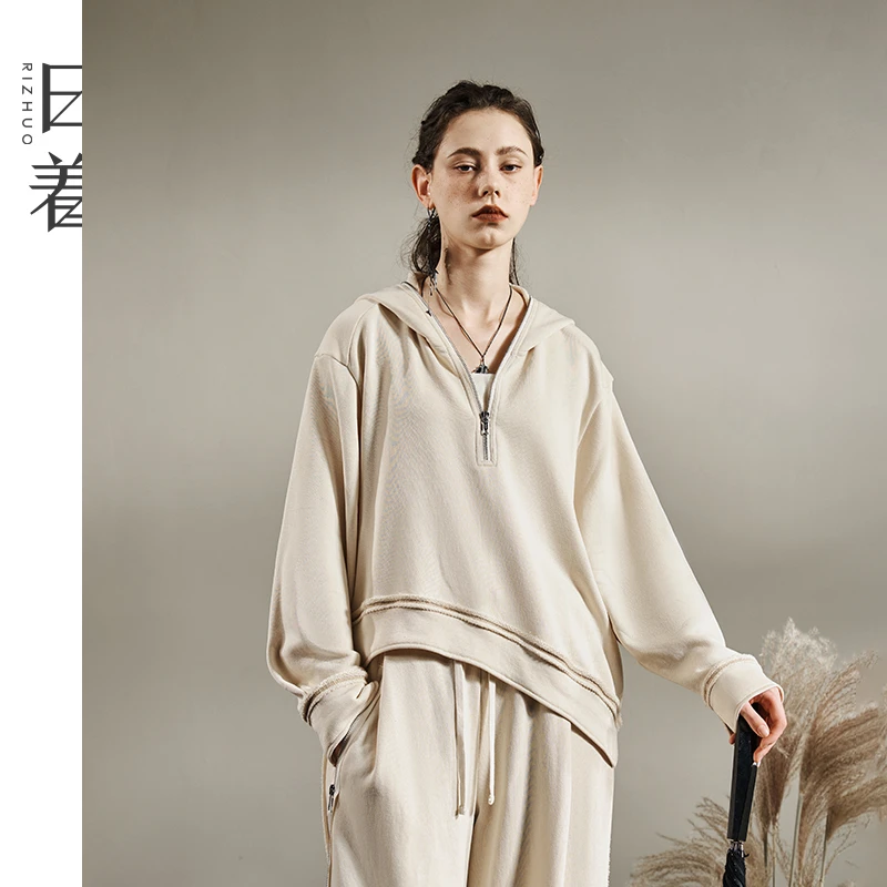 日着原创女装2025春季新款毛圈棉不规则下摆宽松慵懒卫衣RD1111V0