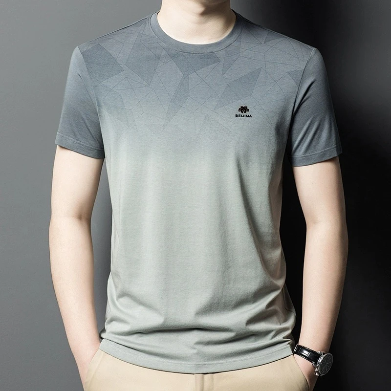 冰氧棉短袖t恤男士圆领渐变凉感滑料高档体中年夏装上衣