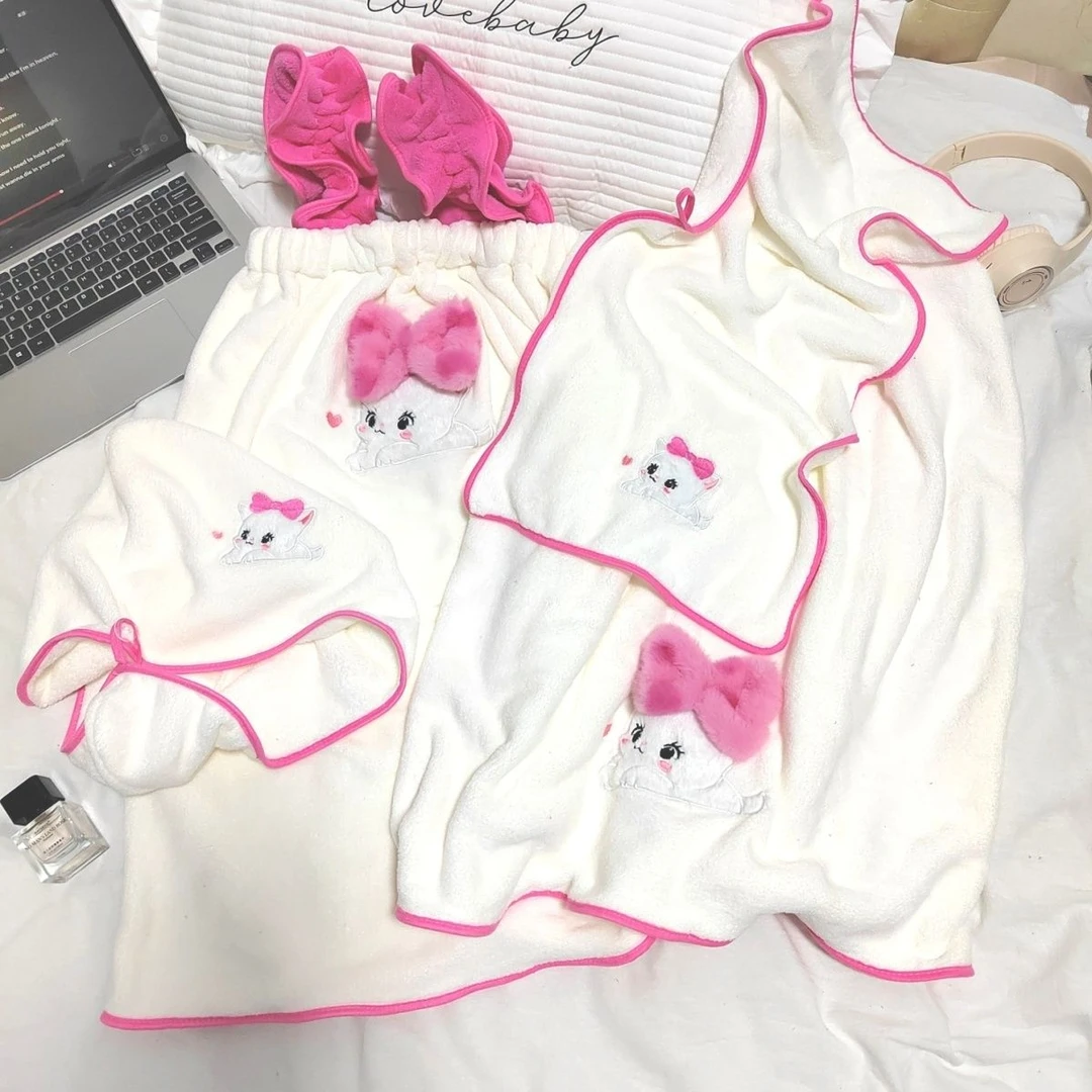 可爱粉蝴蝶结可穿浴巾三件套柔软吸水速干浴裙家用宿舍穿毛巾套装