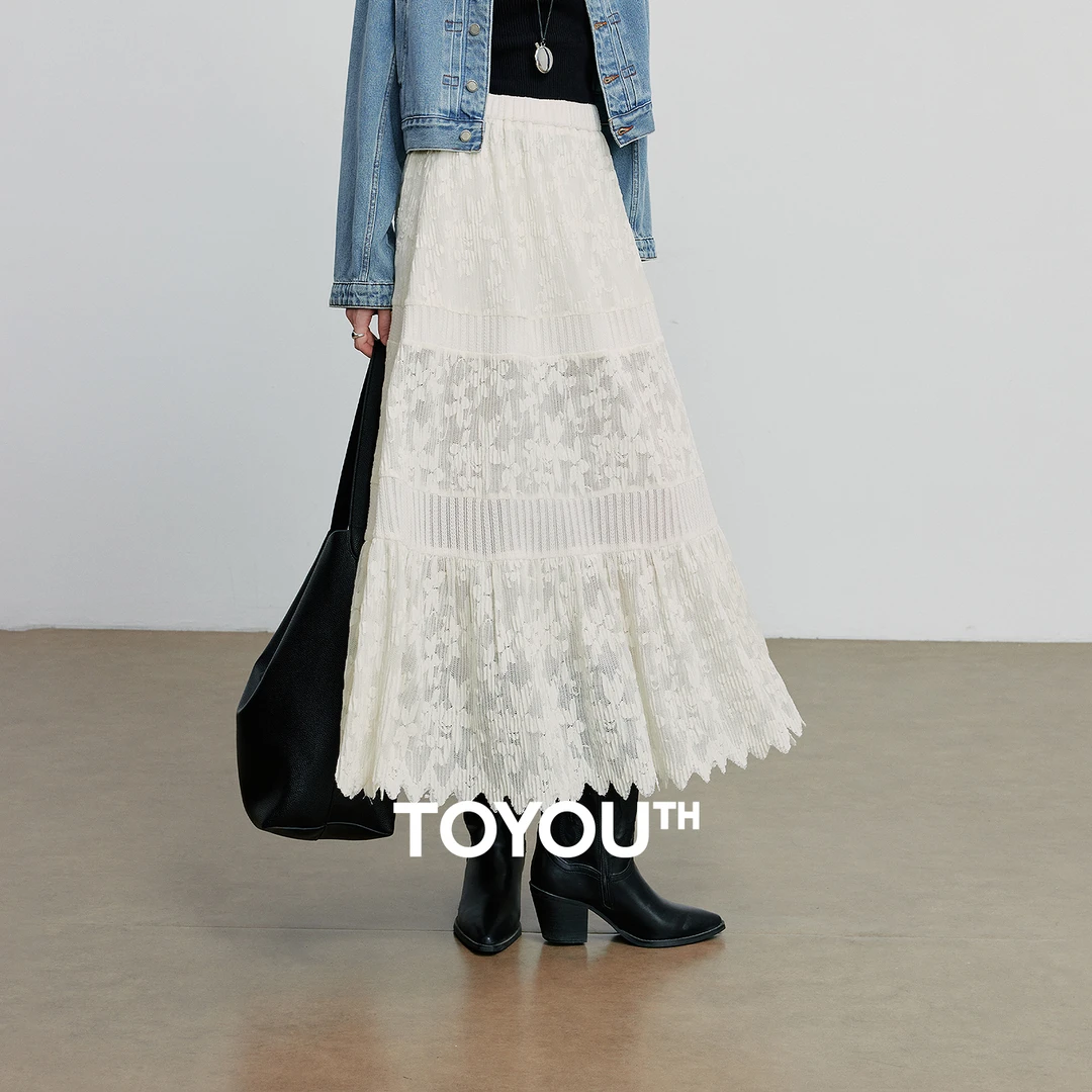 【银泰专属】初语波嬉风蕾丝裙层次感拼接松紧腰A字半身裙8530137