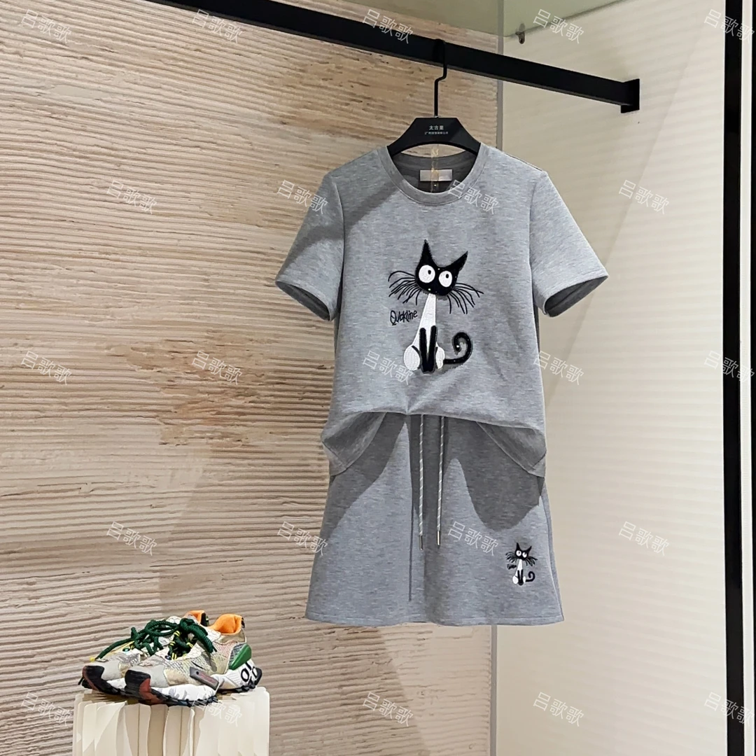 【宠粉价】黑色刺绣俏皮小猫咪短袖两件套连衣裙裤JC-A3759