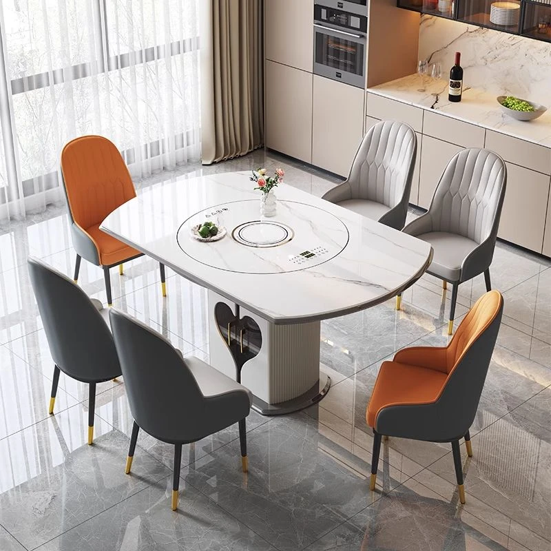 轻奢多功能餐桌椅餐桌组合岩板小户型家用伸缩两用电磁炉方圆客厅