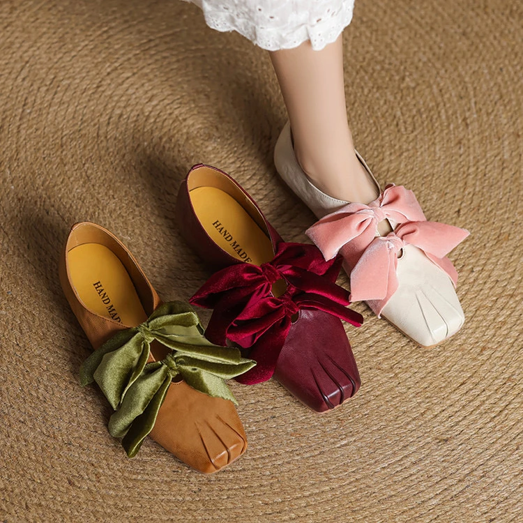 77法式褶皱方头芭蕾舞鞋女绑带蝴蝶结慵懒平底单鞋玛丽珍小皮鞋