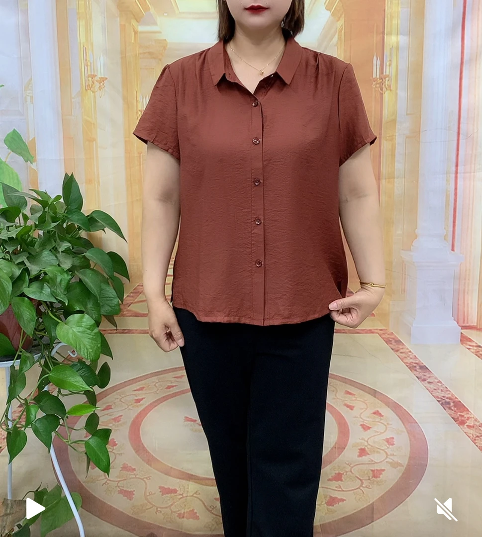 夏季纯色翻领宽松百搭中老年气质妈妈装半袖开衫衬衫