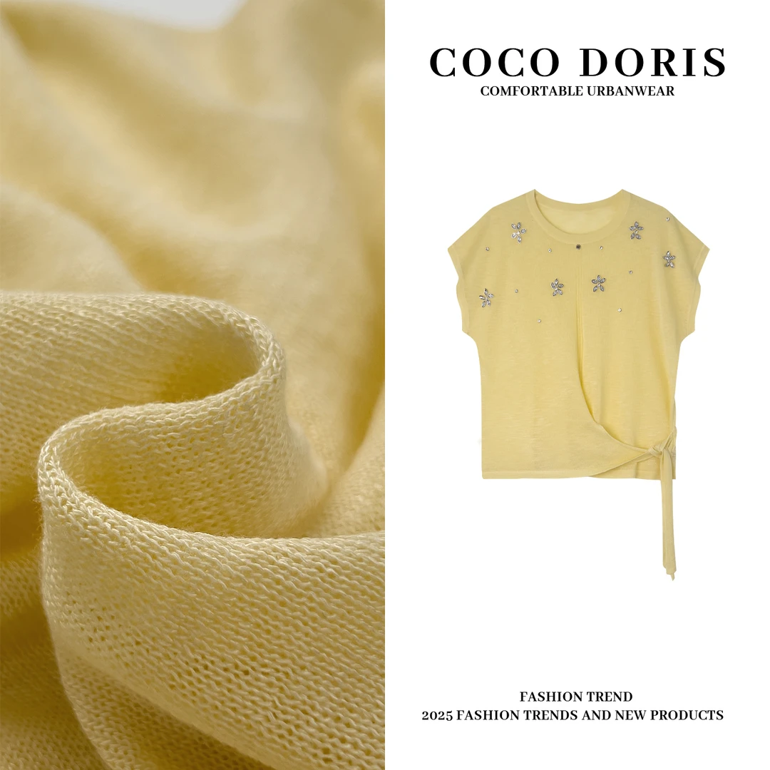 COCO DORIS重工花朵水钻侧腰系带设计针织短袖通勤百搭上衣3328-2
