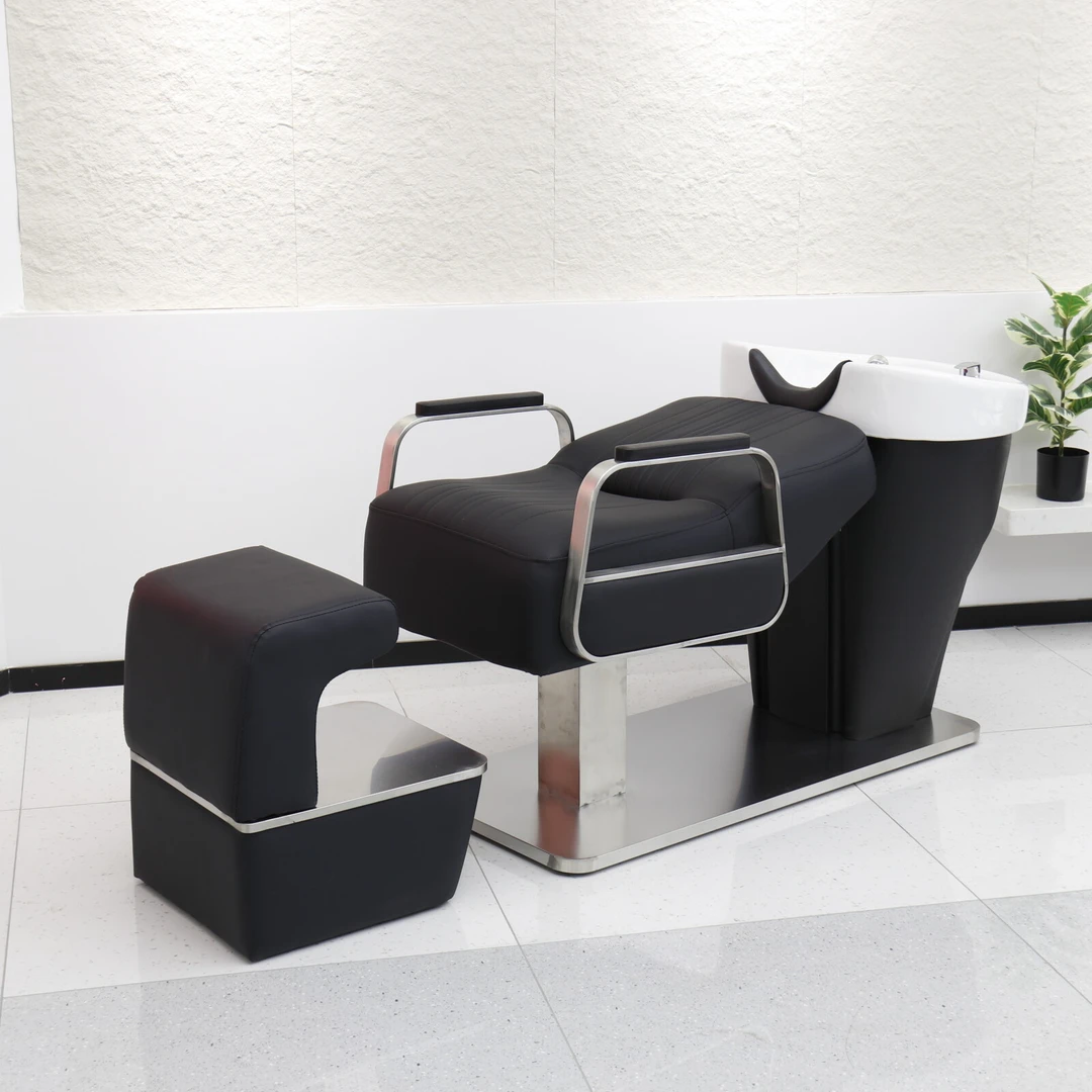 高端陶瓷盆洗头床理发店发廊专用黑武士不锈钢半躺式美发店冲水床