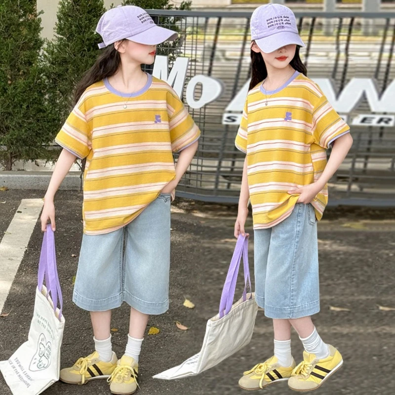 女童短袖套装夏装2025新款洋气儿童薄款牛仔短裤子大童休闲两件套