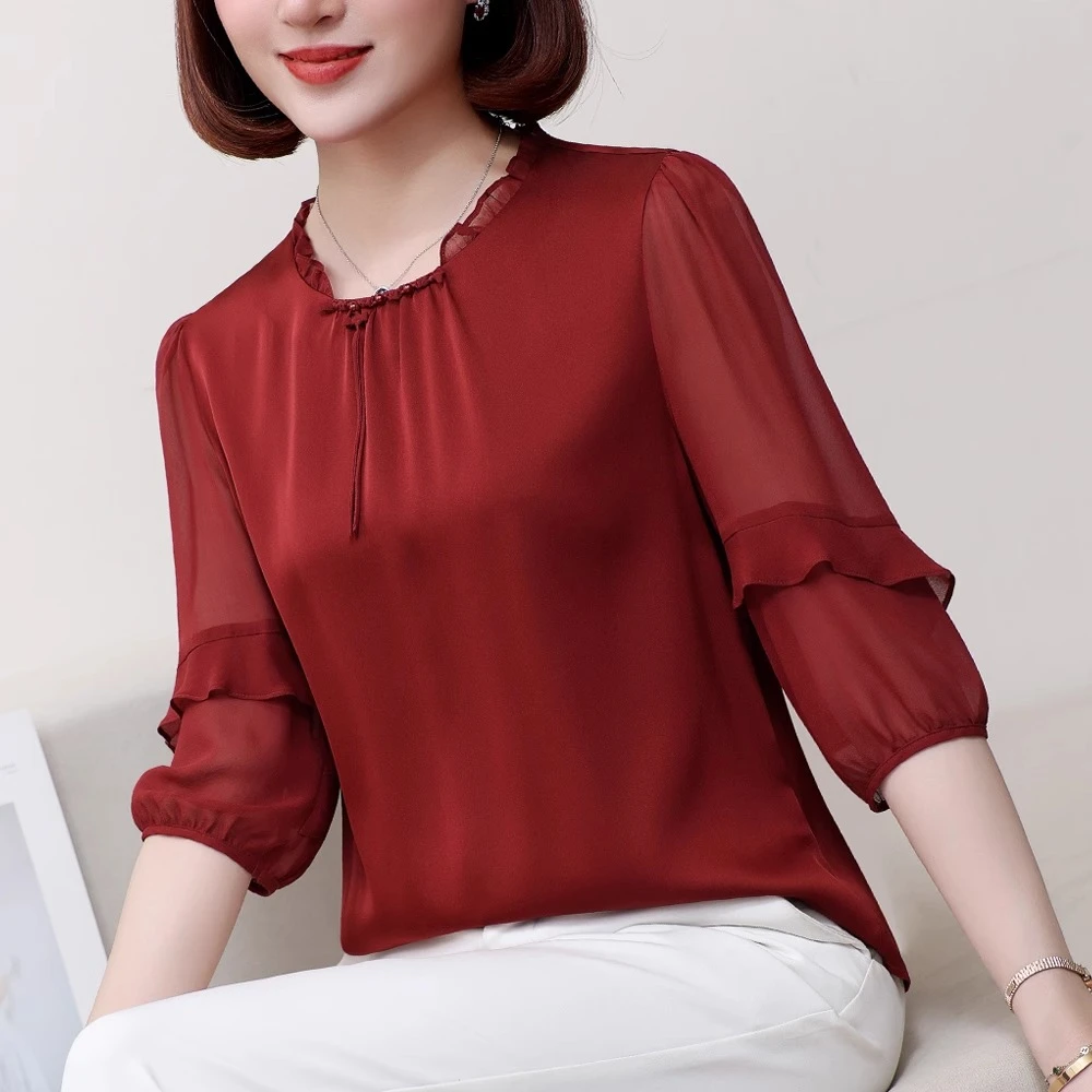 夏季新款时尚短袖桑蚕丝宽松简约流行洋气妈妈小衫新中式真丝上衣