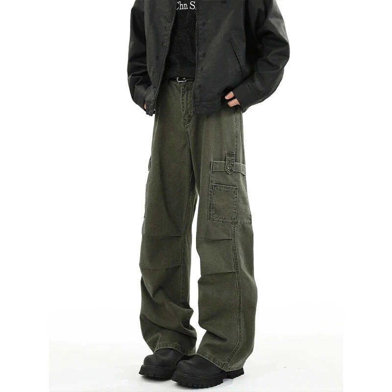军绿色褶皱伞兵裤男夏季美式高街水洗工装裤复古宽松伐木休闲裤子