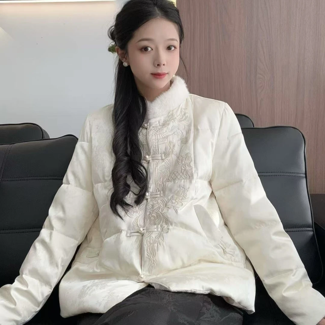 【白雪】新中式国风刺绣羽绒服高级感时尚珍珠扣外套