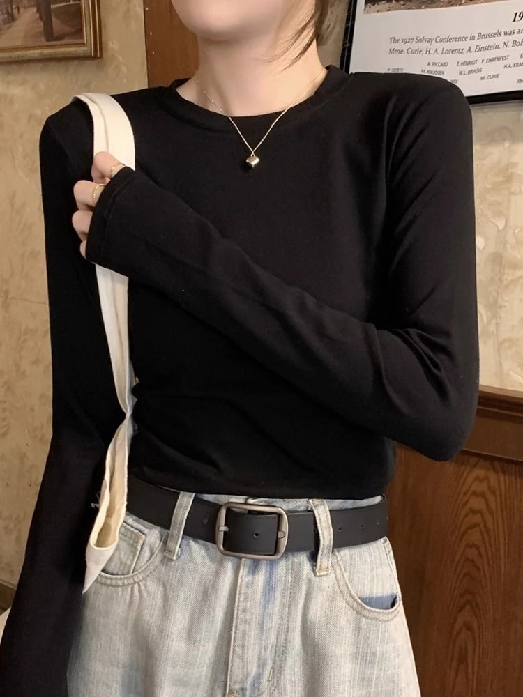 韩版简约基础百搭圆领长袖t恤女秋冬修身收腰辣妹打底衫洋气上衣