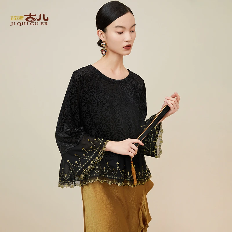 吉丘古儿染秋原创中式上衣日常百搭长袖丝绒烂花烫金小衫G243Y033