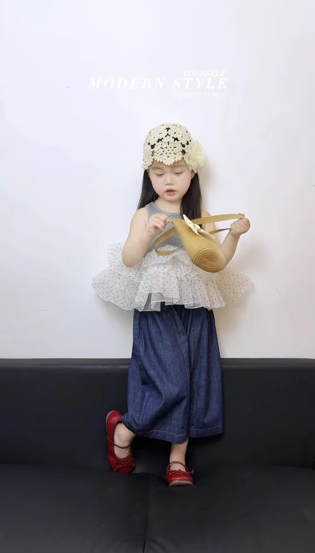 女童夏季拼接波点网纱背心韩系甜美女宝宝可爱小众气质无袖上衣