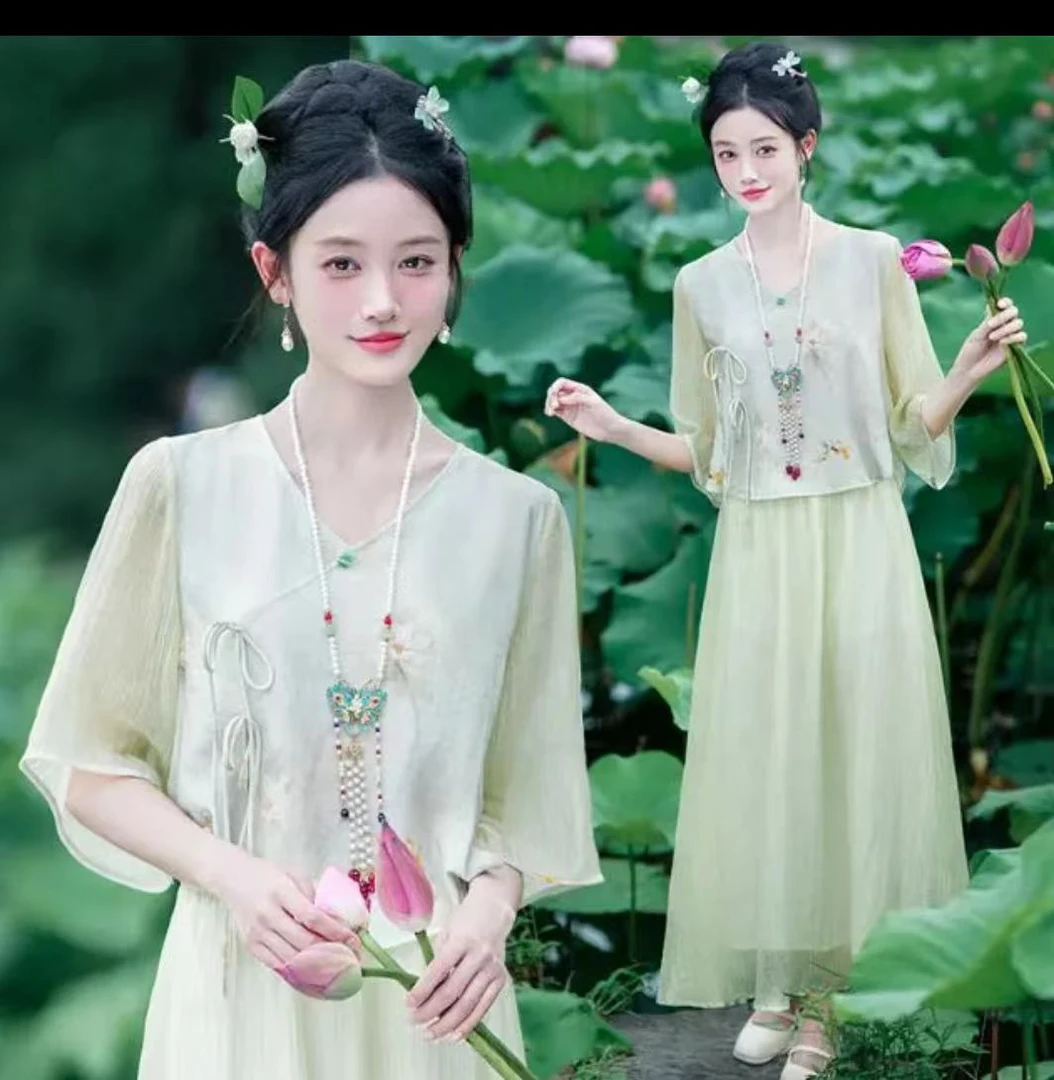 荷塘月色新中式改良汉服中式女装唐装盘扣斜襟国风上衣套装2025