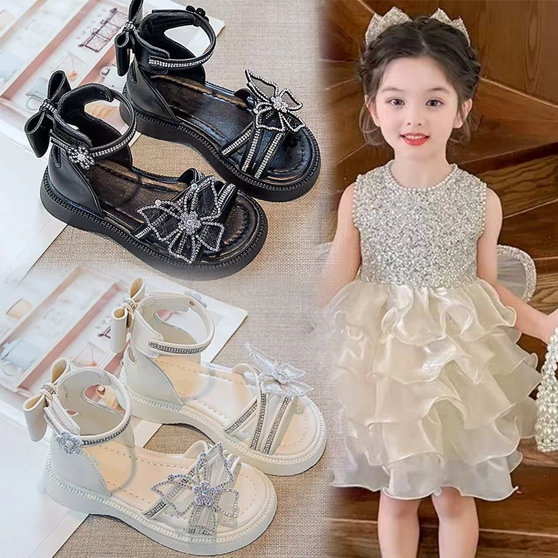 女童凉鞋2025新款夏季小女孩时尚可爱女童鞋软底蝴蝶结水钻公主鞋