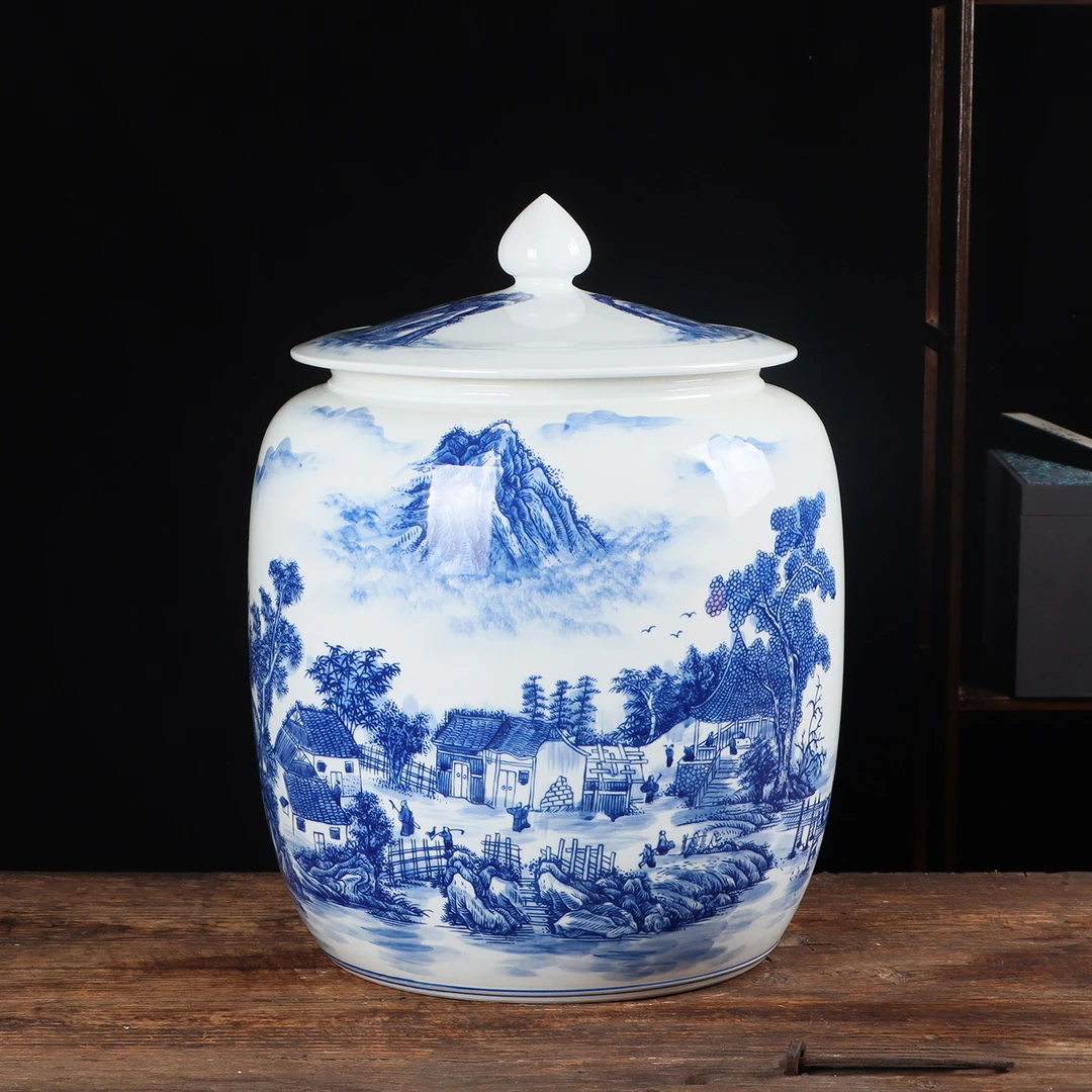 景德镇青花瓷陶瓷米缸米面粉罐茶叶茶饼储存收纳箱油水缸家用带盖