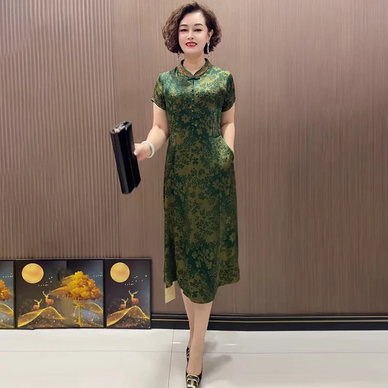 625国风夏季高端短袖中老年妈妈连衣裙时尚宽松大码遮肉气质长裙