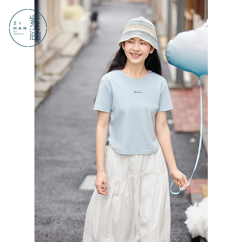 紫涵短款正肩短袖T恤2025夏季字母刺绣上衣Z5Z03CS060