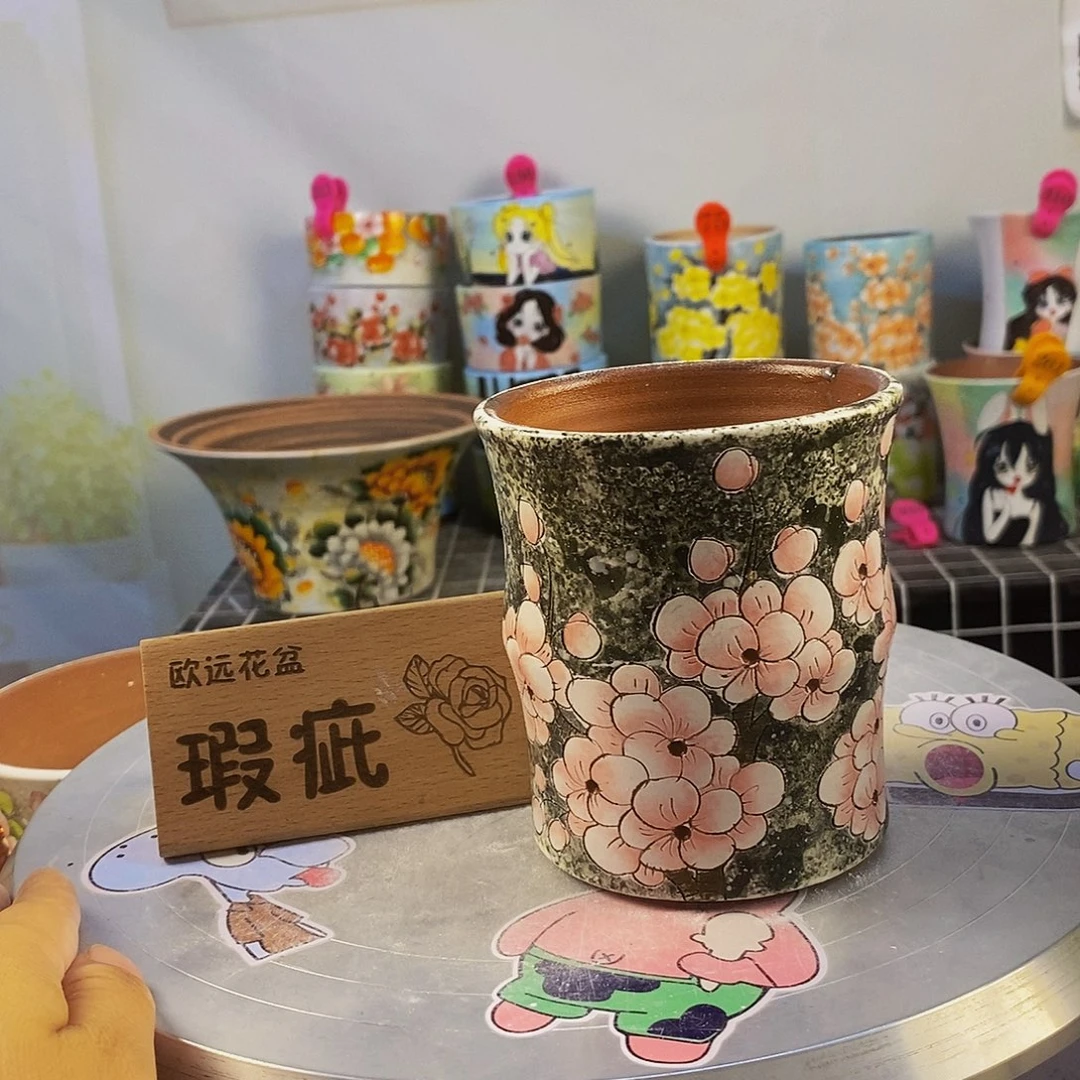 紫砂花盆红陶手绘花盆