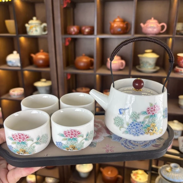 绣球花提梁一壶四杯加茶盘