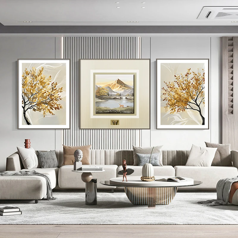 现代轻奢客厅装饰画微雕铝合金3d立体画金山沙发背景墙挂画三联画