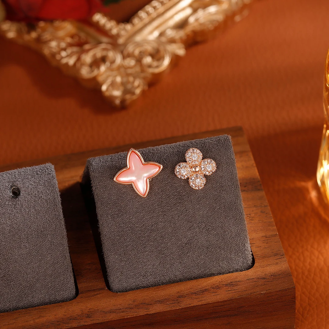 合金耳饰 【5782】法式轻奢四叶花粉贝母耳钉气质耳环女小众耳饰