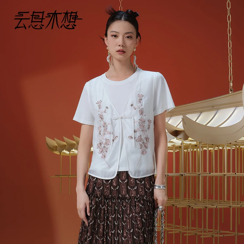 Ysimo-X云思木想 岭春木棉 绣花珠绣假两件侧开叉棉T恤13482