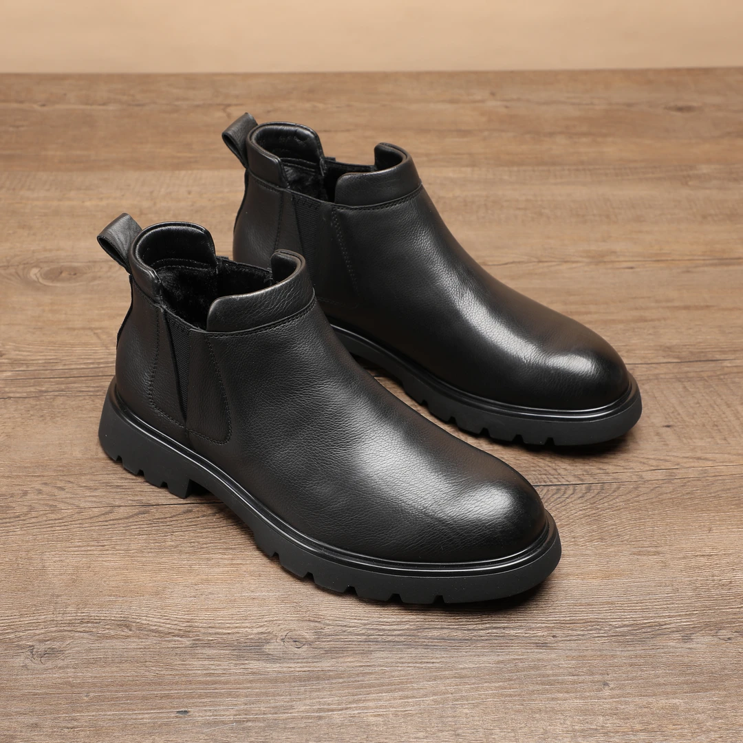 PUSIJIE/普斯杰秋冬英伦风松紧带一脚蹬切尔西靴真皮高档加绒男靴