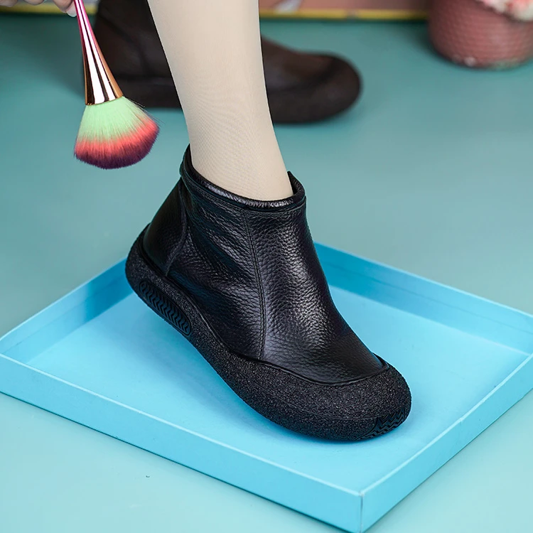 8806真皮妈妈短靴头层牛皮圆头平底侧拉链加绒女靴休闲高帮鞋