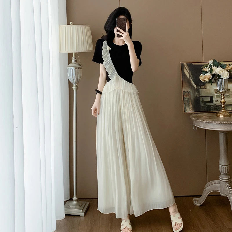 夏季穿搭套装2025阔腿减龄荷叶边上衣新款短袖网纱裙裤两件套女