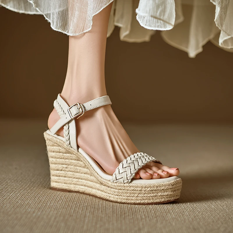 坡跟凉鞋女夏季高跟鞋防水台小个子增高草编鞋波西米亚厚底仙女风