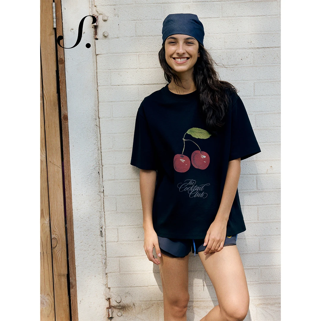 shyshy樱桃滋味 质感棉质舒适感宽松两色印花短袖t恤上衣