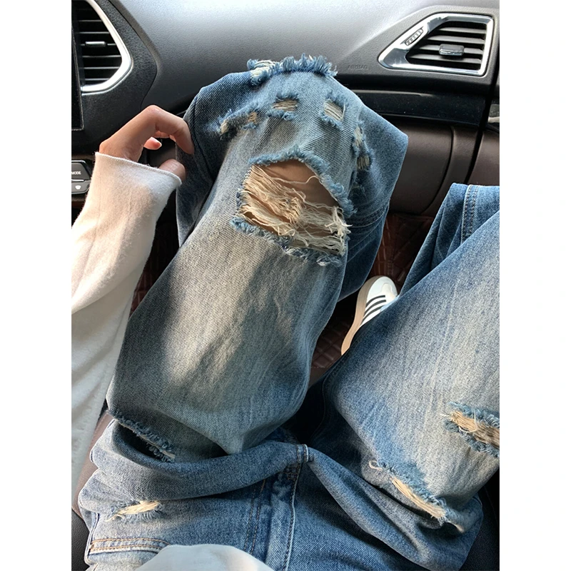 大码设计感显瘦直筒破洞牛仔裤女夏季新款高腰休闲百搭拖地阔腿裤