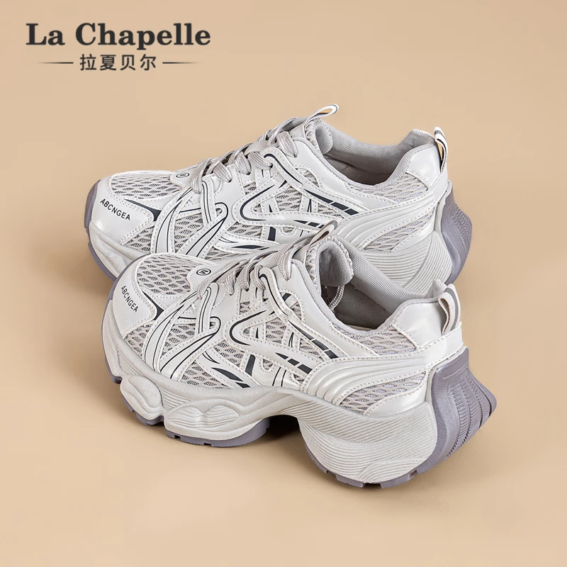 拉夏贝尔网面厚底老爹鞋女2025夏新款网面增高透气跑步运动休闲鞋