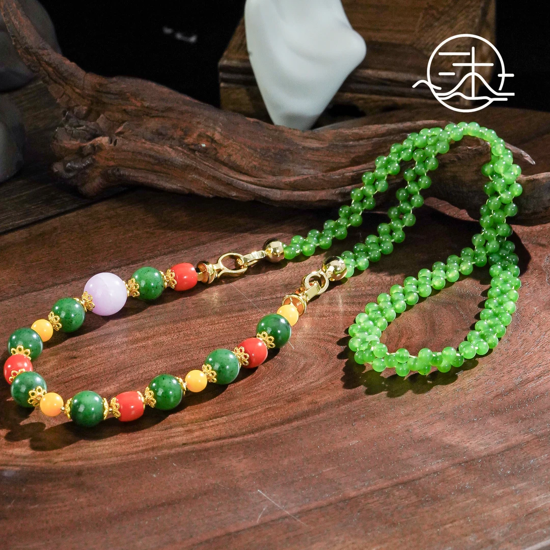 木润【碧玉】天然和田玉碧玉编织多宝项链