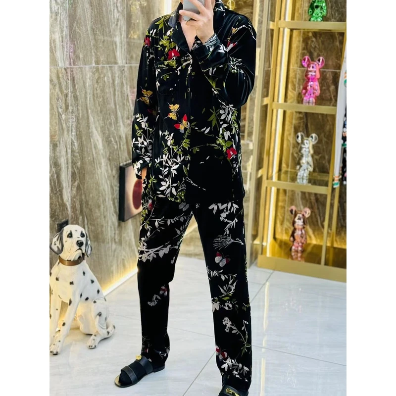 【1716】秋冬高密醋酸金丝绒家居服睡衣套装男士时尚休闲弹力保暖
