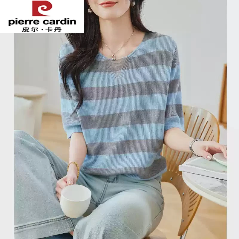 皮尔卡丹夏季条纹上衣女薄款针织短袖t恤年新款洋气减龄休闲正肩