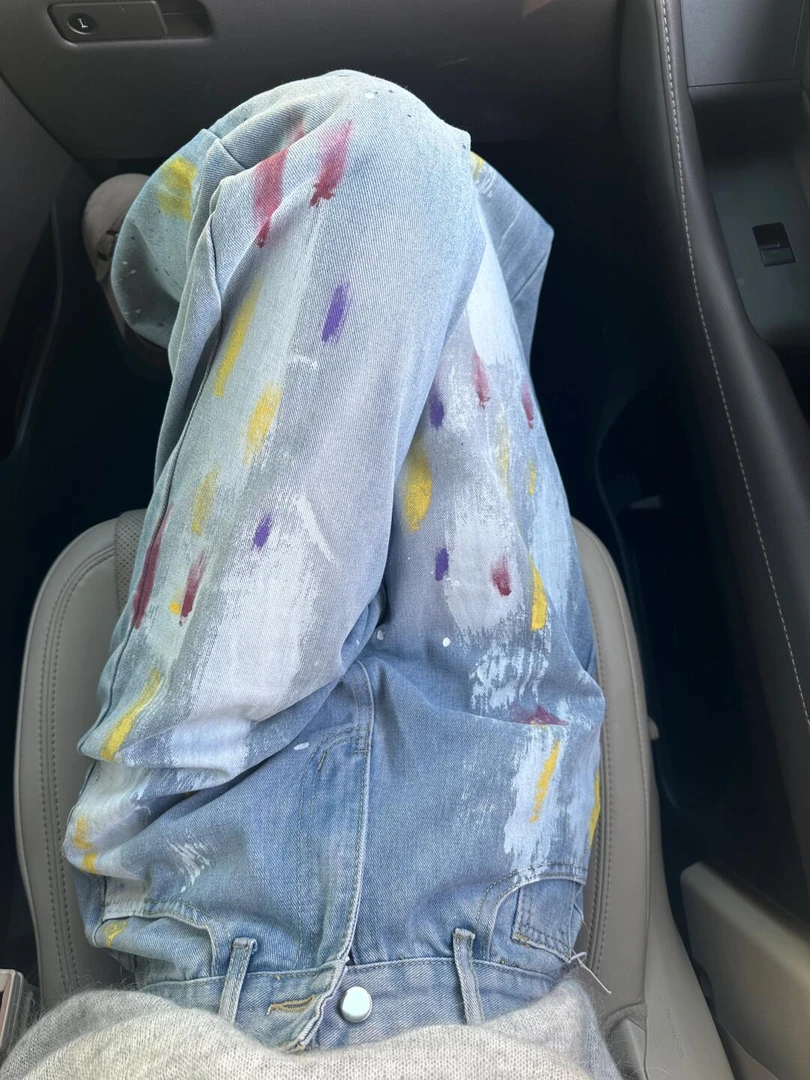 夏季水洗牛仔裤复古彩色涂鸦阔腿牛仔裤女宽松高腰显瘦百搭阔腿裤