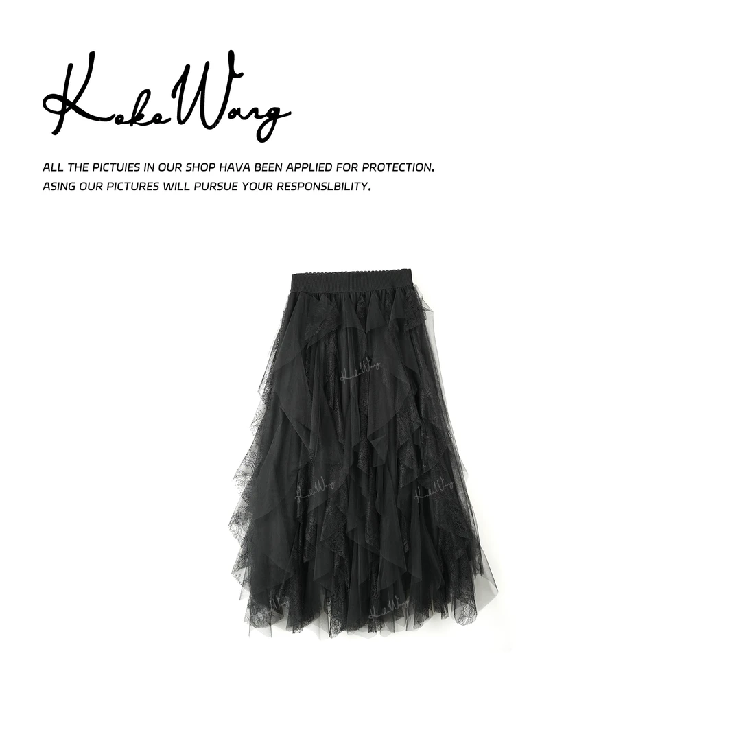 KOKO WANG【黑天鹅】秋冬a字显瘦不规则网纱蛋糕半身裙 N0685K19Q51