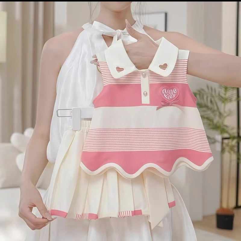 2025女童夏季新款套装后背蝴蝶结百褶短裙女宝宝洋气两件套