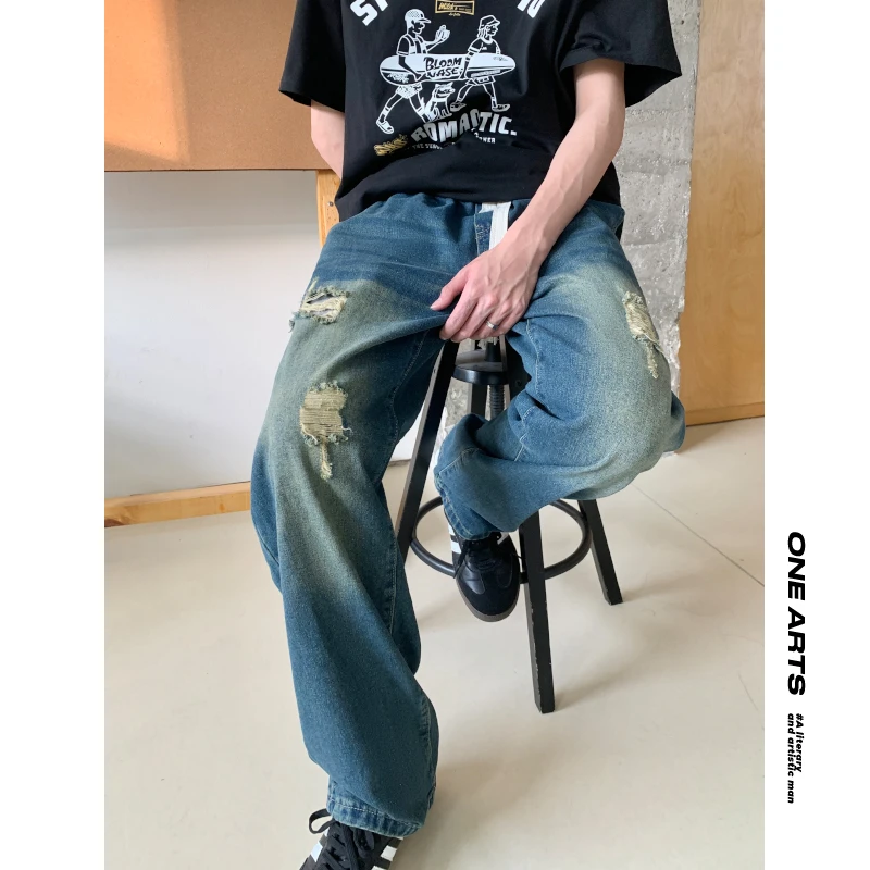 【ONEARTS牛仔裤】早春新款破洞美式复古做旧水洗直筒宽松牛仔裤