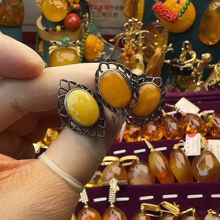 琥珀银S925镶嵌戒指