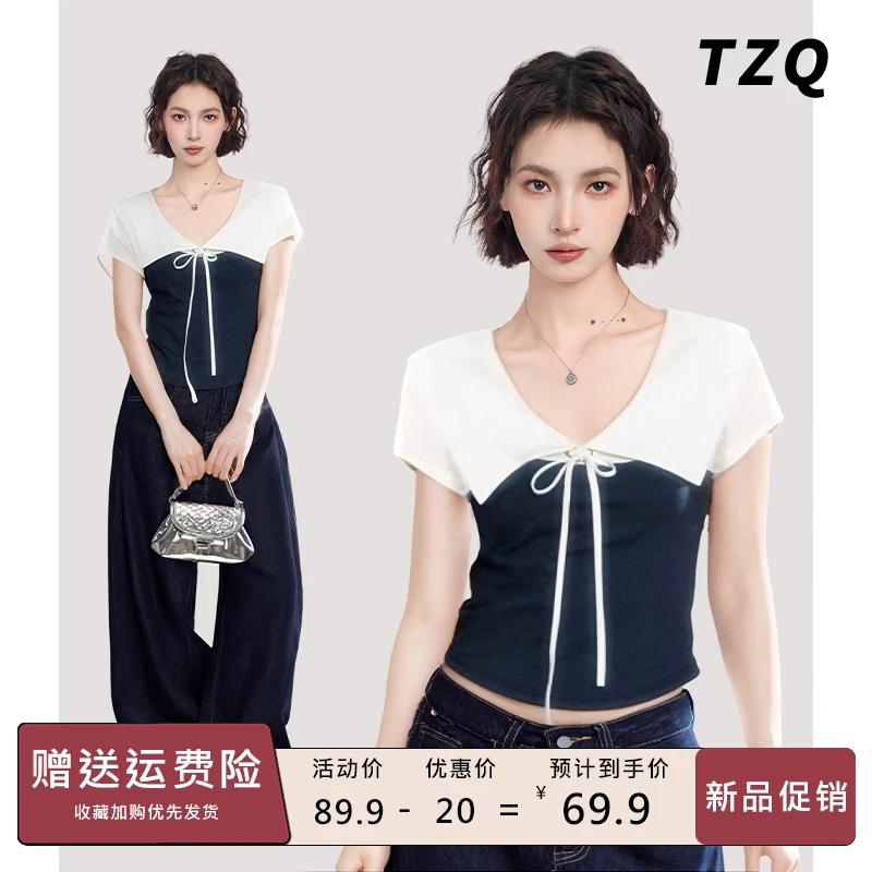 美式撞色大翻领正肩短袖t恤女夏季修身设计感系带上衣TZQ2552210