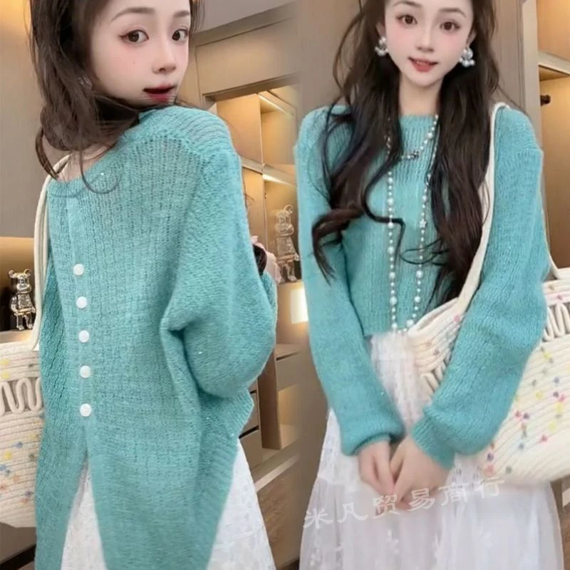 网红爆款韩系温柔风镂空针织衫女春季新款高级感前短后长开叉设计