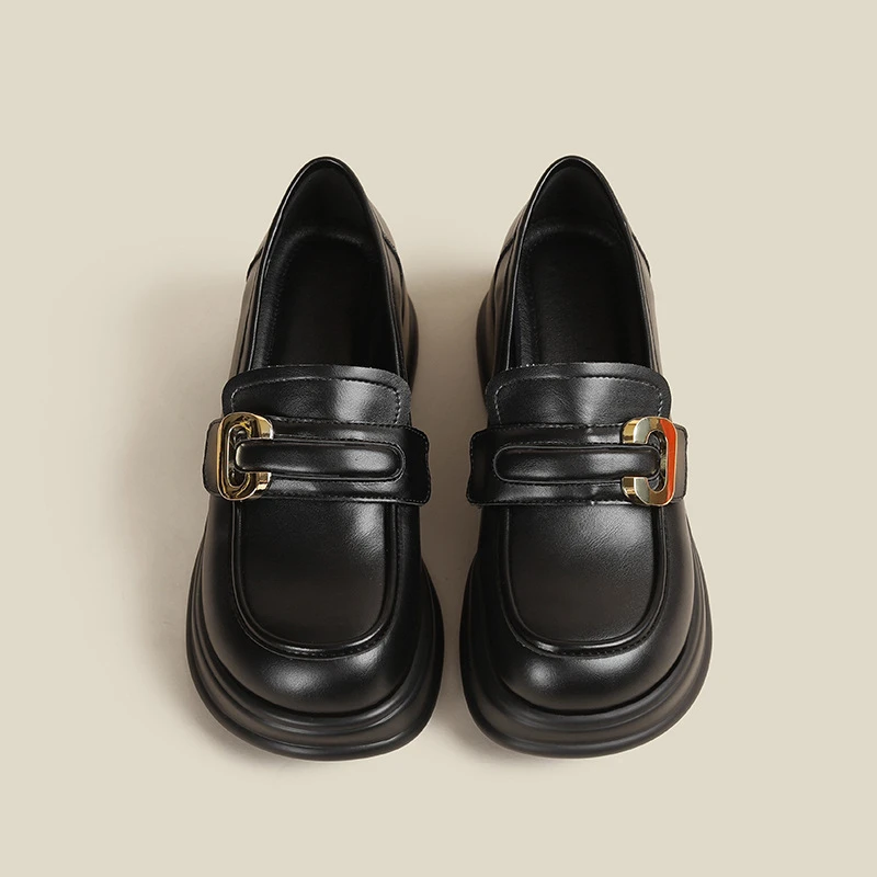 厚底乐福鞋女士春秋配裙子一脚蹬英伦风小皮鞋金属休闲粗跟单鞋子