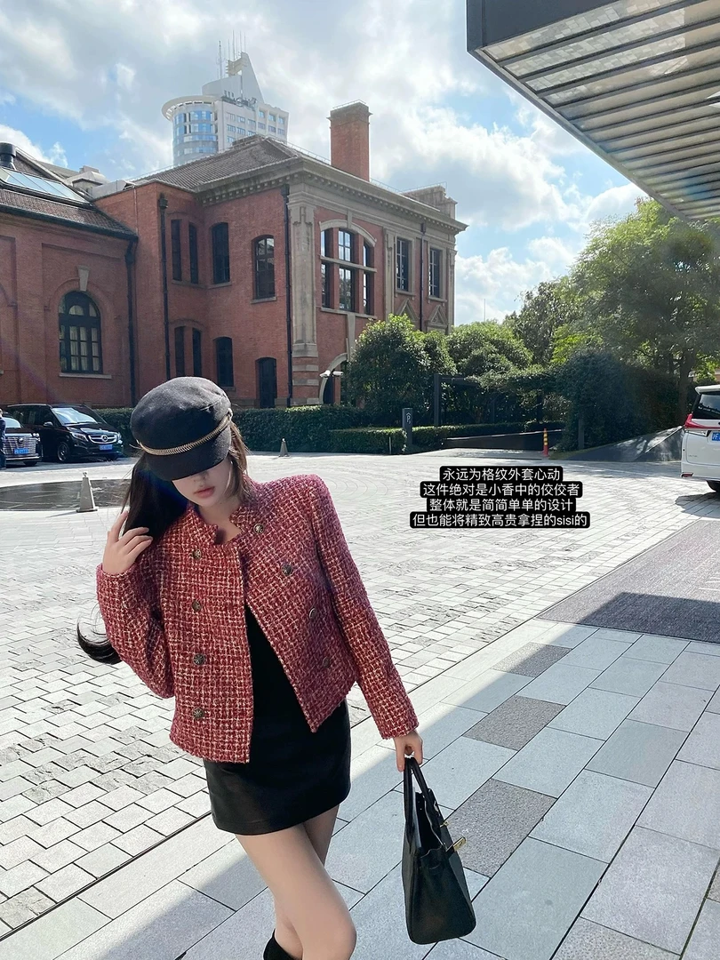 杜总家 塞纳小香*格纹气质小香风粗花呢短款外套新年女红色上衣