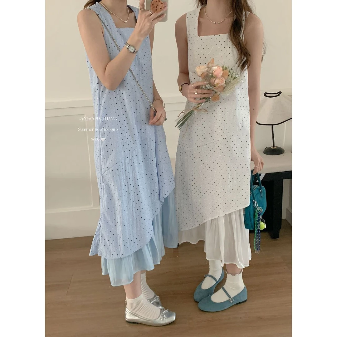 法式不规则设计感慵懒风简约波点撞色无袖方领连衣裙3140-1#0.1